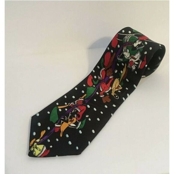 Vintage Looney Tunes Mania Christmas Tie Sleigh Taz Santa 1993 Polyester Black - Picture 7 of 7
